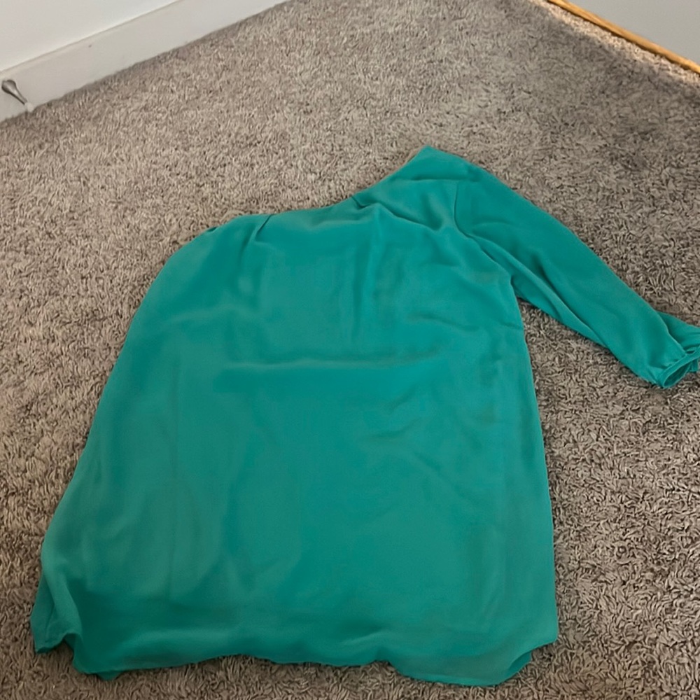 One shoulder teal flowy minidress